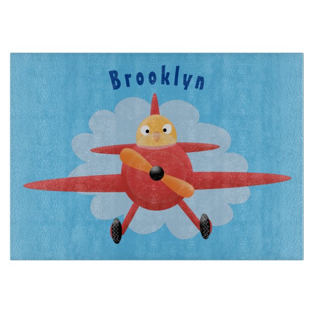 Cute bird flying red aeroplane cartoon illustratio cutting board (Front)