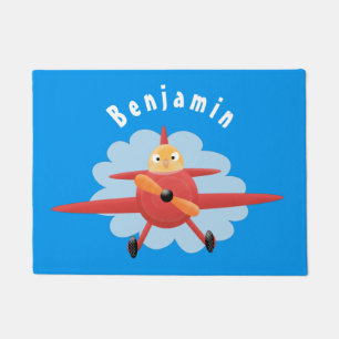 Cute bird flying red aeroplane cartoon illustratio doormat