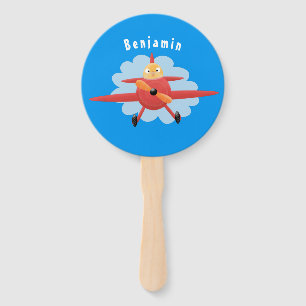 Cute bird flying red aeroplane cartoon illustratio hand fan