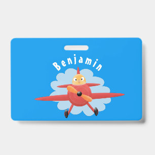 Cute bird flying red aeroplane cartoon illustratio ID badge