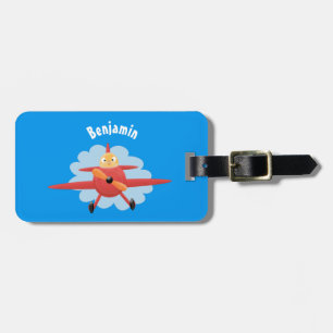 Cute bird flying red aeroplane cartoon illustratio luggage tag