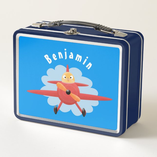 Cute bird flying red aeroplane cartoon illustratio metal lunch box (Front)