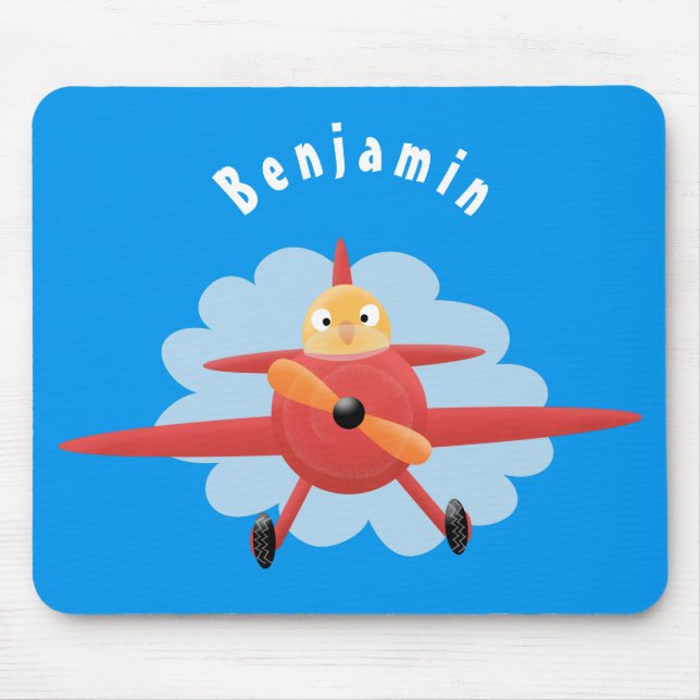 Cute bird flying red aeroplane cartoon illustratio mouse pad (Front)