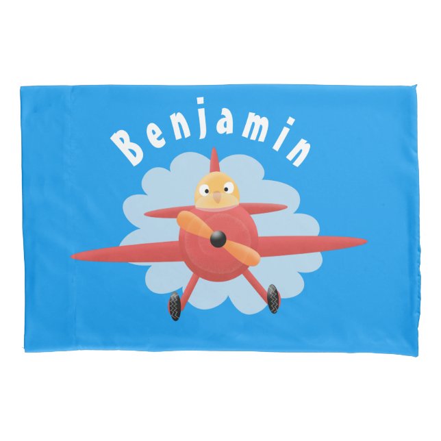 Cute bird flying red aeroplane cartoon illustratio pillowcase (Front)