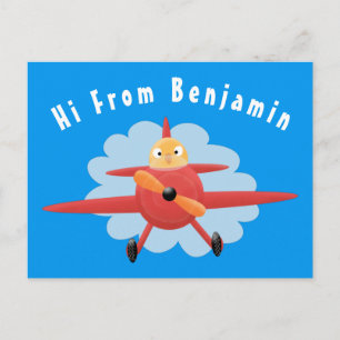 Cute bird flying red aeroplane cartoon illustratio postcard