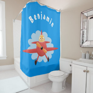 Cute bird flying red aeroplane cartoon illustratio shower curtain