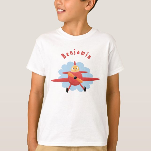Cute bird flying red aeroplane cartoon illustratio T-Shirt (Front)