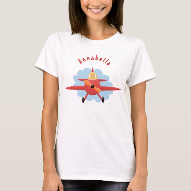Cute bird flying red aeroplane cartoon illustratio T-Shirt (Front)