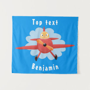 Cute bird flying red aeroplane cartoon illustratio tapestry