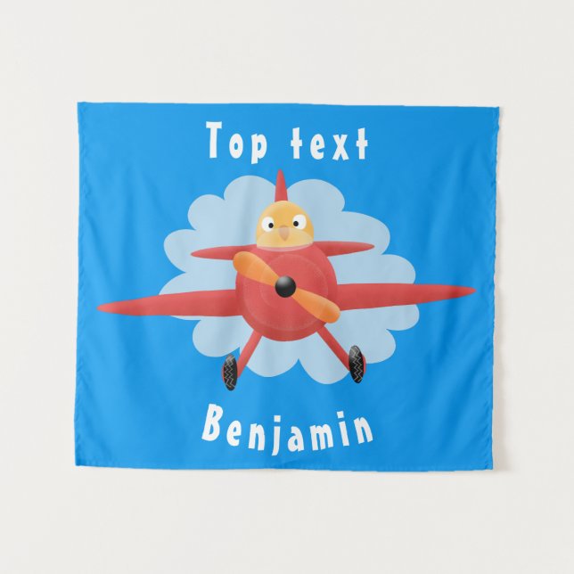 Cute bird flying red aeroplane cartoon illustratio tapestry (Front (Horizontal))