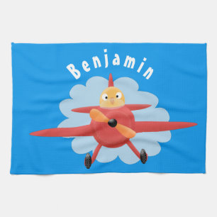 Cute bird flying red aeroplane cartoon illustratio tea towel