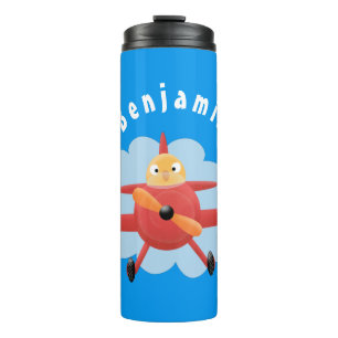 Cute bird flying red aeroplane cartoon illustratio thermal tumbler