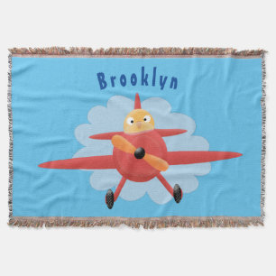 Cute bird flying red aeroplane cartoon illustratio throw blanket