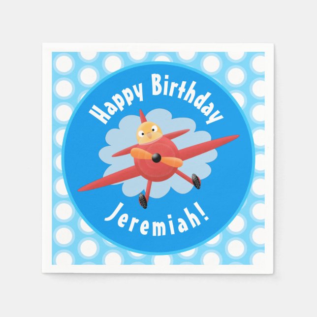 Cute bird flying red aeroplane cartoon personalise napkin (Front)