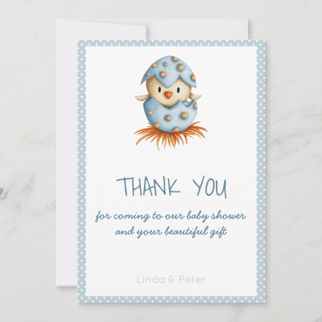 Cute Bird Hatching Boy Baby Shower Thank you Card (Front)