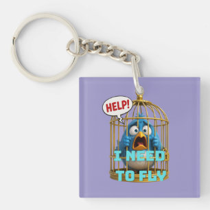Cute Bird in a Cage Freedom & Animal  Key Ring