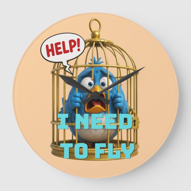 Cute Bird in a Cage Freedom & Animal  Large Clock (Front)