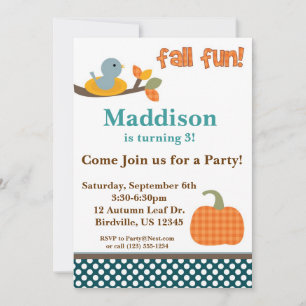 Cute Bird in a Nest Fall Birthday Party Invitation