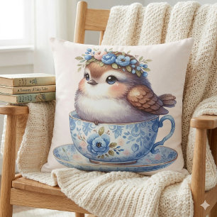 Cute Bird in Floral Teacup Cottagecore Art Cushion