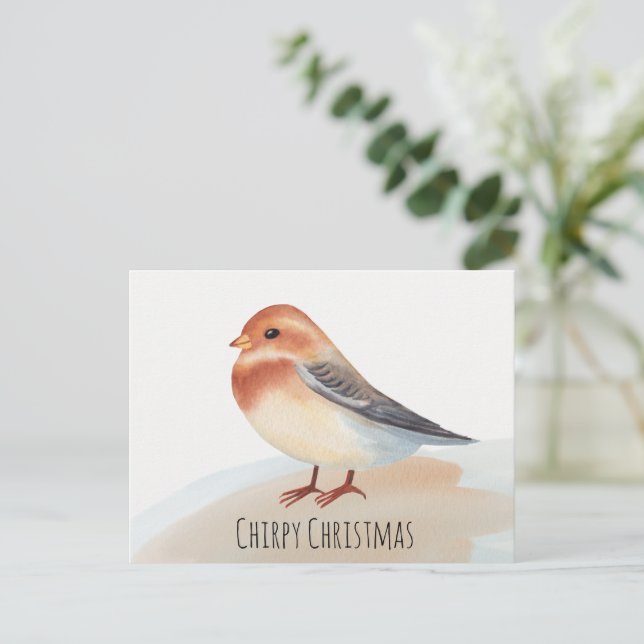Cute bird Merry Christmas watercolor Chirpy Holiday Postcard (Standing Front)