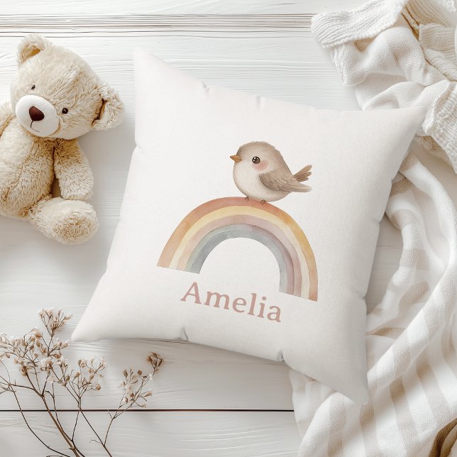 Cute Bird On A Boho Rainbow With Baby Name Nursery Cushion (Creator Uploaded)