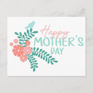 Cute bird on flower mother's day design postcard