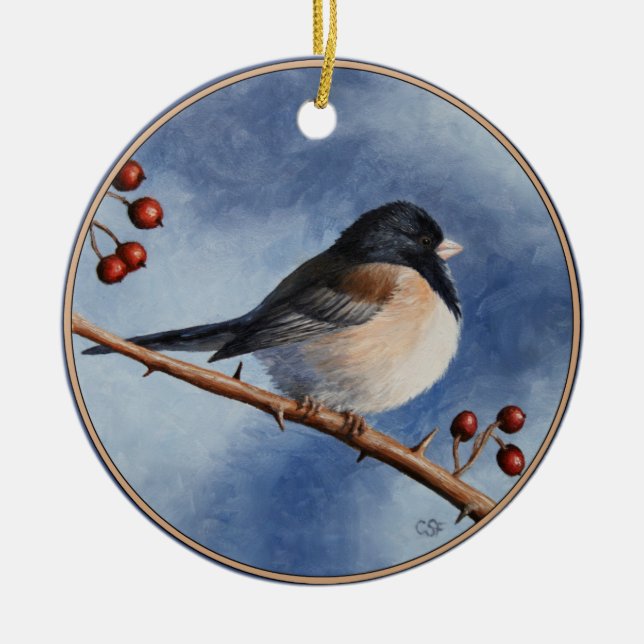 Cute Bird Oregon Junco and Winter Berries Ceramic Tree Decoration (Front)