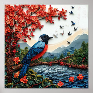 Cute bird paper art poster