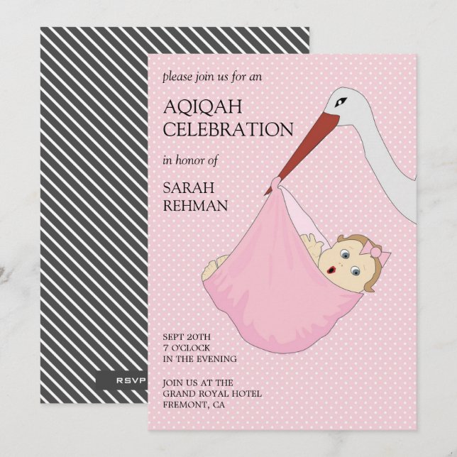 Cute Bird Pink Baby Girl Aqiqah Invitation (Front/Back)