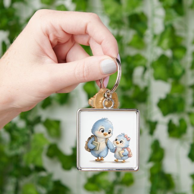 Cute Bird Siblings Square Keychain (Hand)