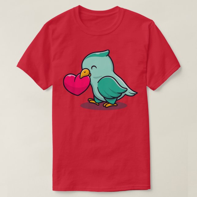 Cute Bird With Love Heart Cartoon T-Shirt (Design Front)