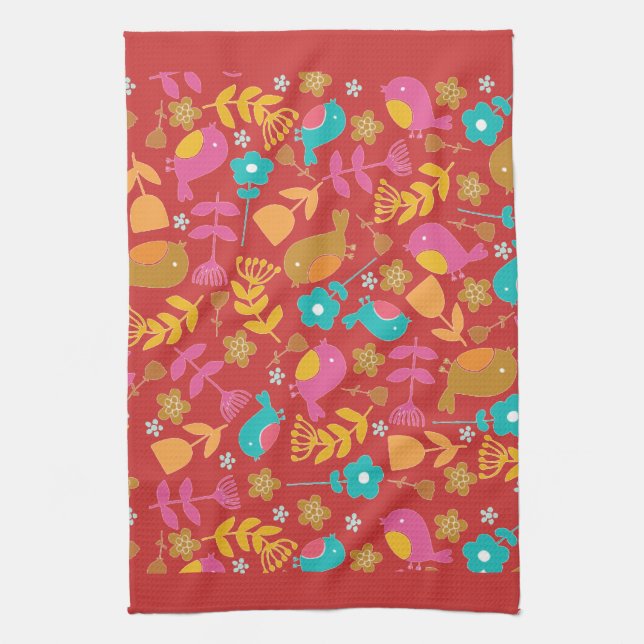 Cute Birds and Flowers Dish Towel (Vertical)