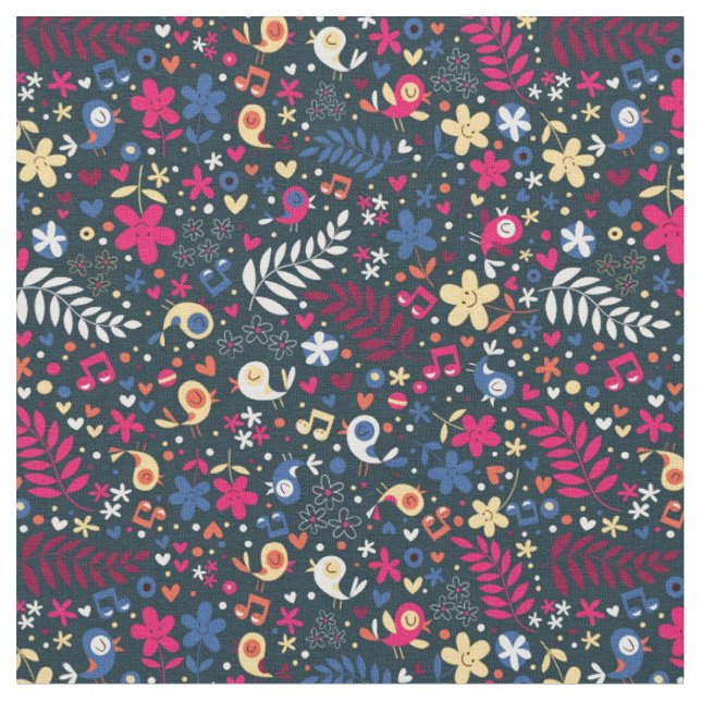 cute birds and flowers pattern fabric (Close Up)