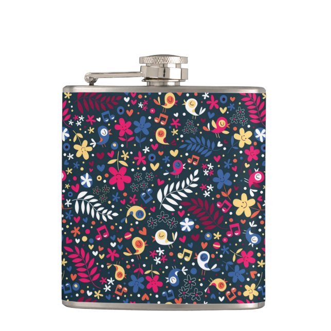 cute birds and flowers pattern hip flask (Front)