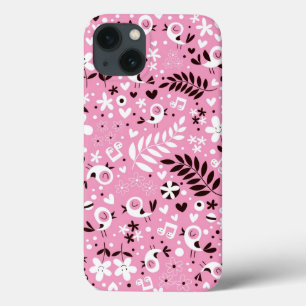cute birds and flowers pink pattern iPhone 13 case