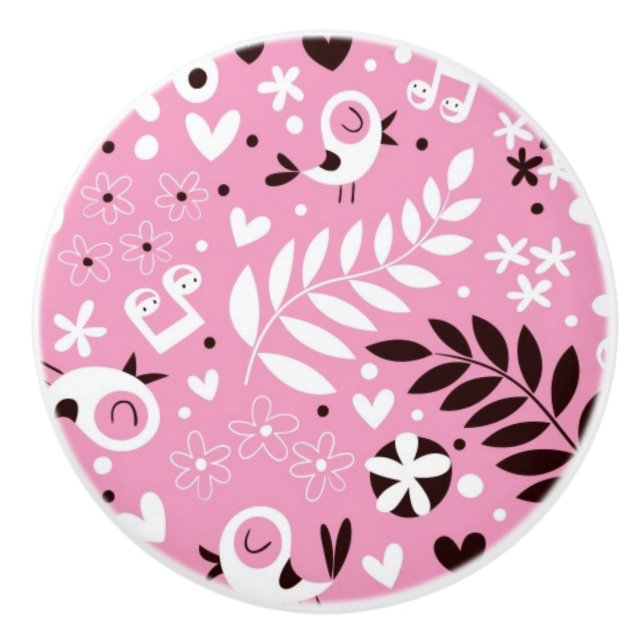 cute birds and flowers pink pattern ceramic knob (Front)