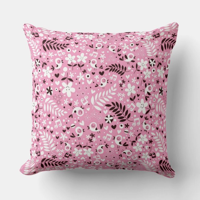 cute birds and flowers pink pattern cushion (Front)