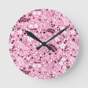 cute birds and flowers pink pattern round clock