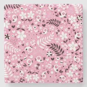 cute birds and flowers pink pattern stone coaster