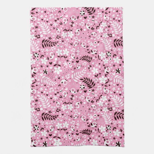 cute birds and flowers pink pattern tea towel (Vertical)