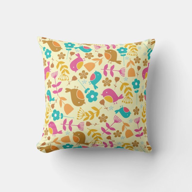 Cute Birds and Flowers Throw Pillow (Front)