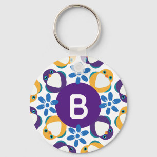 Cute Birds and Flowers Wreath Monogrammed Key Ring