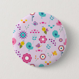 Cute Birds, Bees and Flowers Illustration 6 Cm Round Badge
