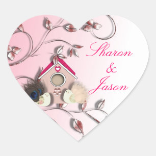 Cute Birds Bird House Flowers Pink Heart Sticker