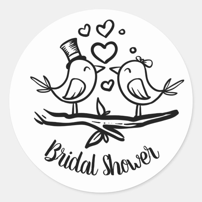 Cute Birds Black White Lovebirds Bridal Shower Classic Round Sticker (Front)
