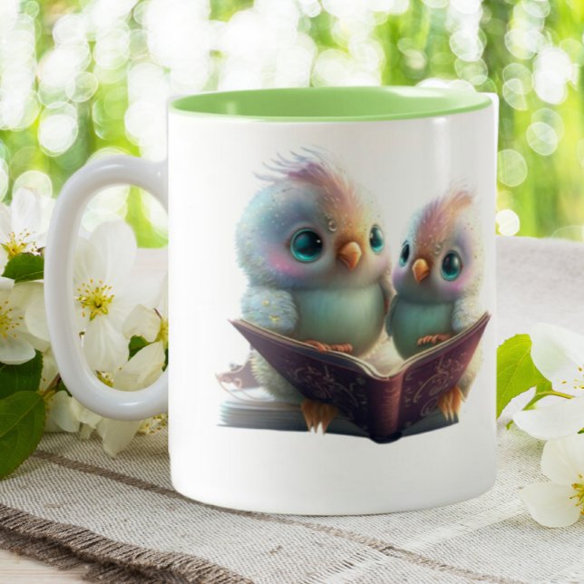 Cute Birds Books & Brew Personalised  Two-Tone Coffee Mug (Creator Uploaded)