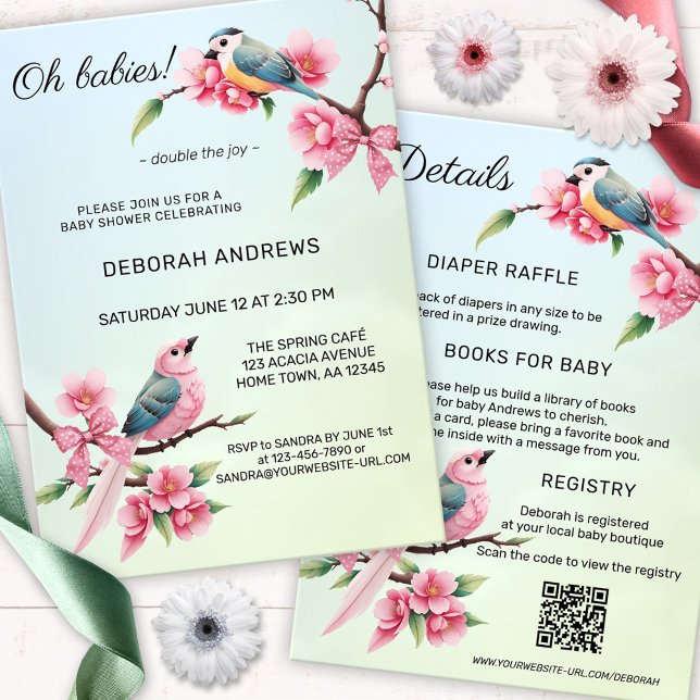 Cute Birds Bow Twins Baby Shower Invitation (Gender neutral baby shower invitation with two pretty birds with bows on flower branches - QR code)