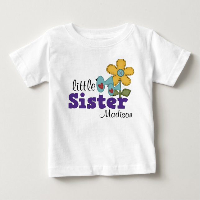 Cute Birds Daisy Flower Little Sister Baby T-Shirt (Front)