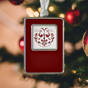 Cute Birds in Burgundy Spanish Bilingual Silver Plated Framed Ornament