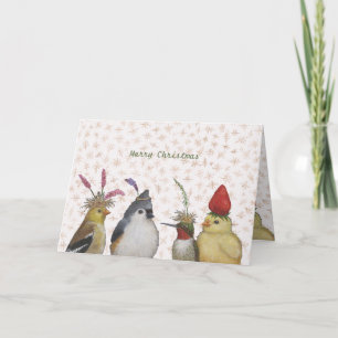 cute birds in nature hats with snowflakes card